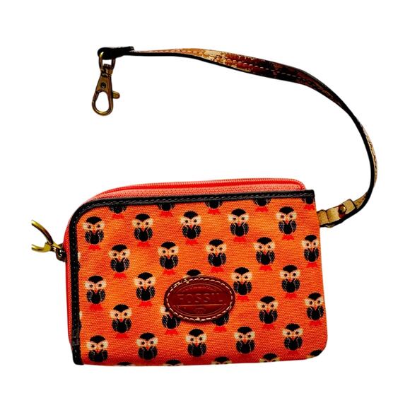 FOSSIL LEATHER OWL PRINT WRISTLIST BAG ZIPPER  WALLET WOMENS - Picture 1 of 3